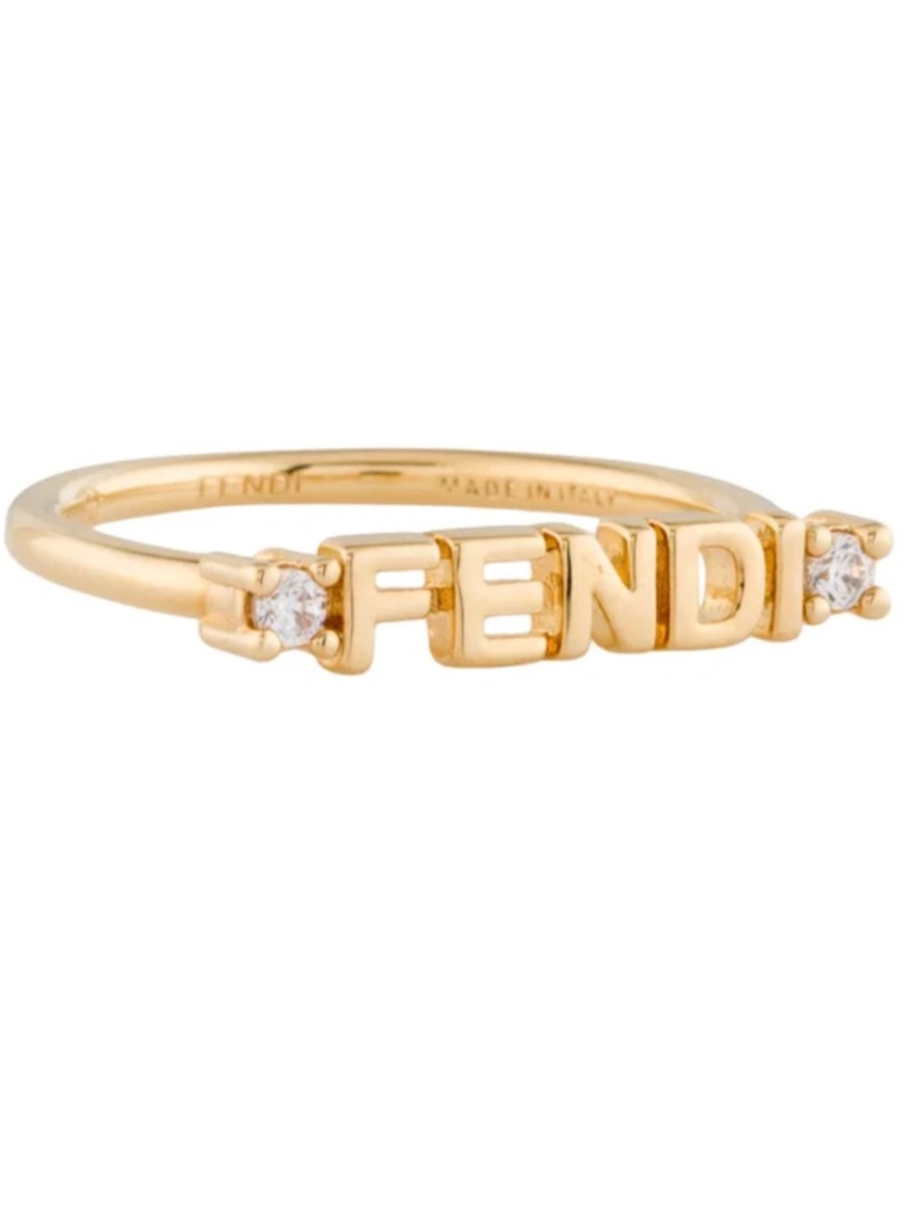Fendi Gold Logo Band Ring with Crystal Accents
